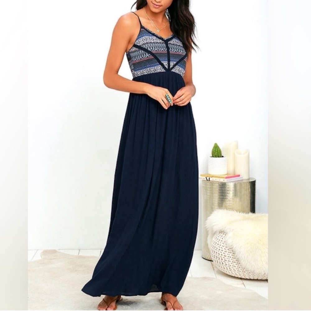 Doe & Rae Blue Maxi Dress XS Tribal Print Overlay Boho